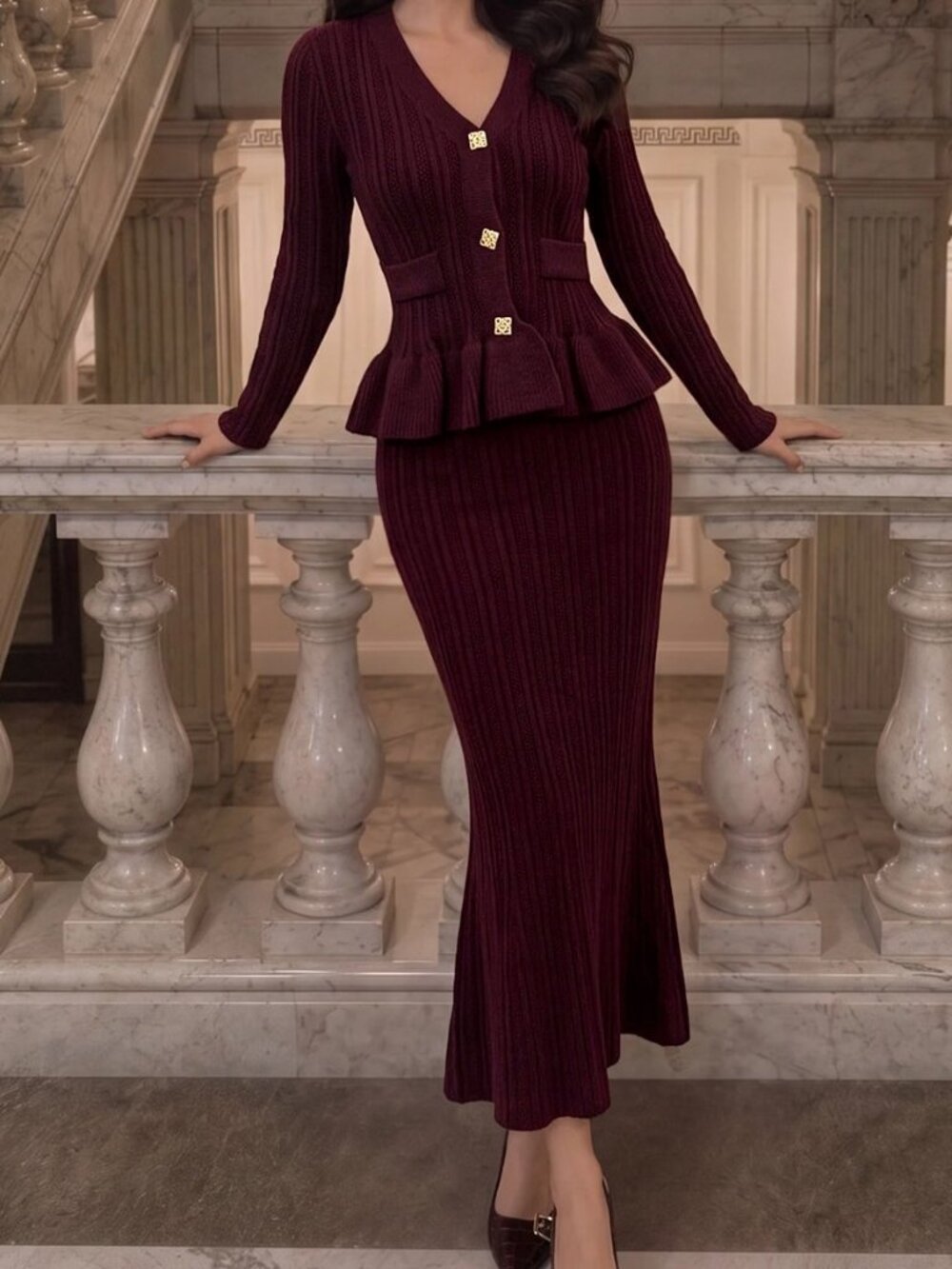 Red Violet Elegant Women's Rib-Knit V-Neck Ruffle Hem Sweater Set